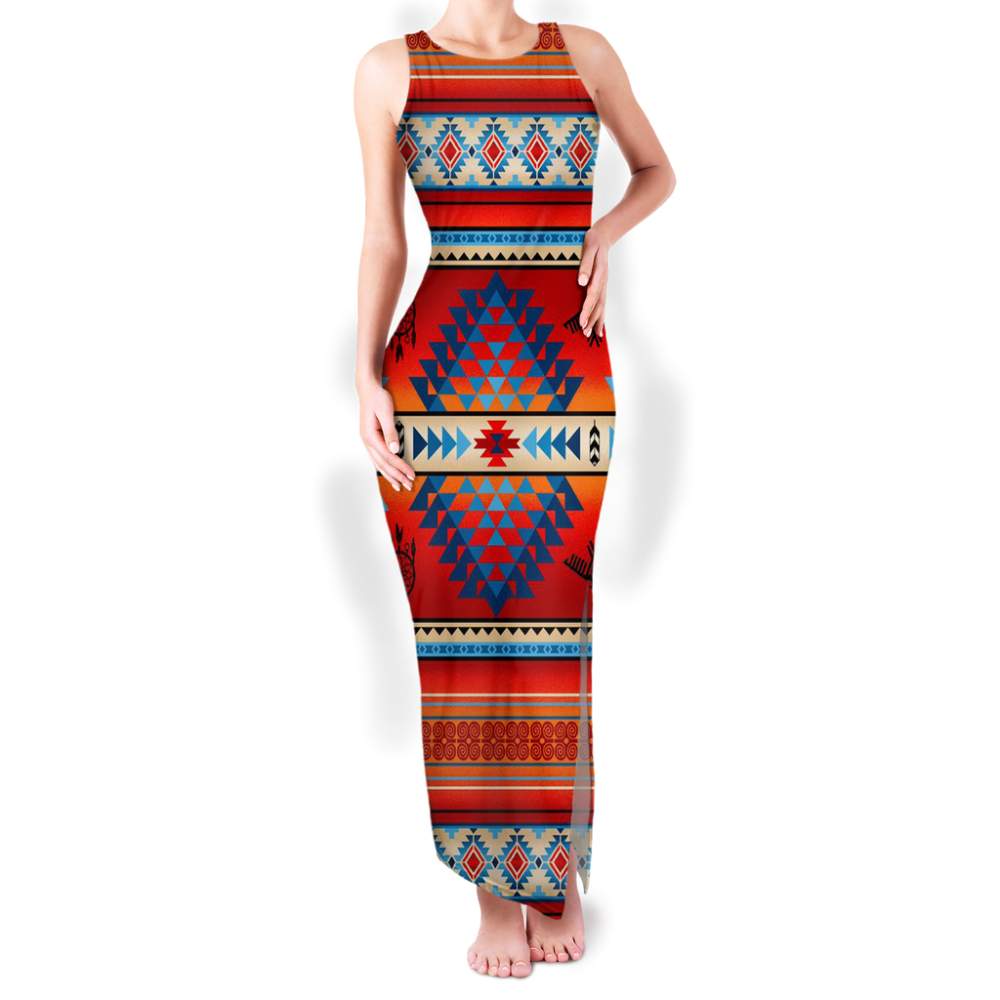 Pattern Native Round Neck Double Slit Sundress