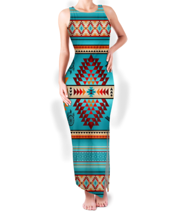 Pattern Native Round Neck Double Slit Sundress
