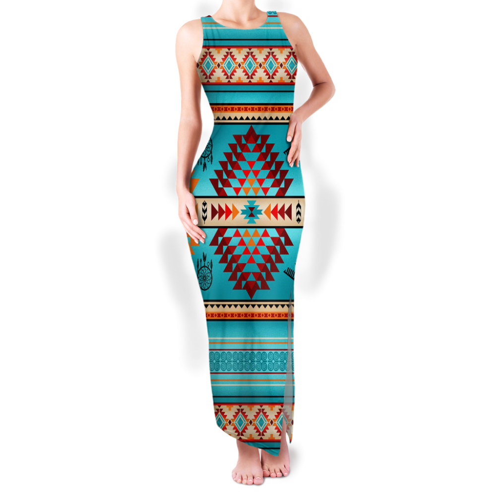 Pattern Native Round Neck Double Slit Sundress