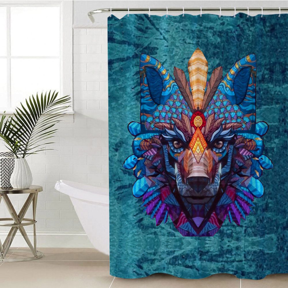 Native American Colorful Wolf Shower Curtain