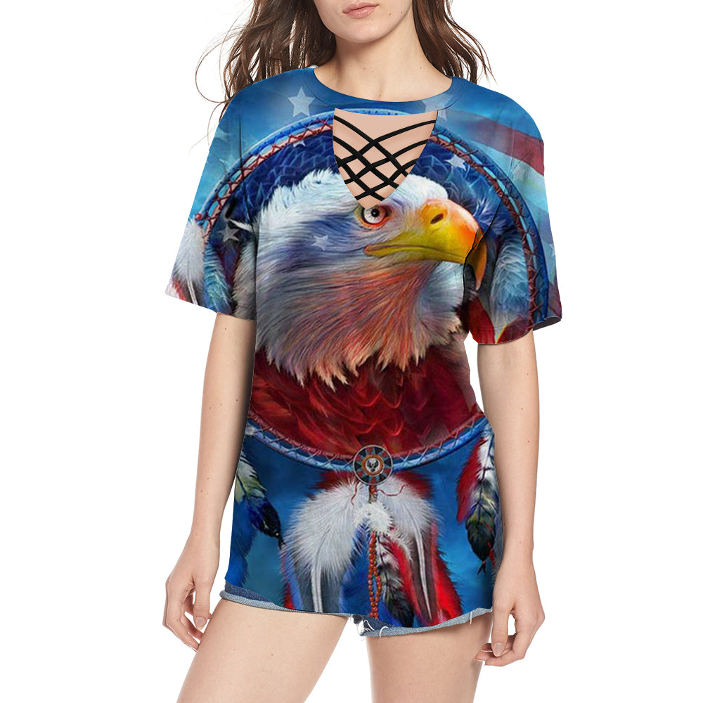 Native American DreamCatcher Eagle Round Neck Hollow Out Tshirt