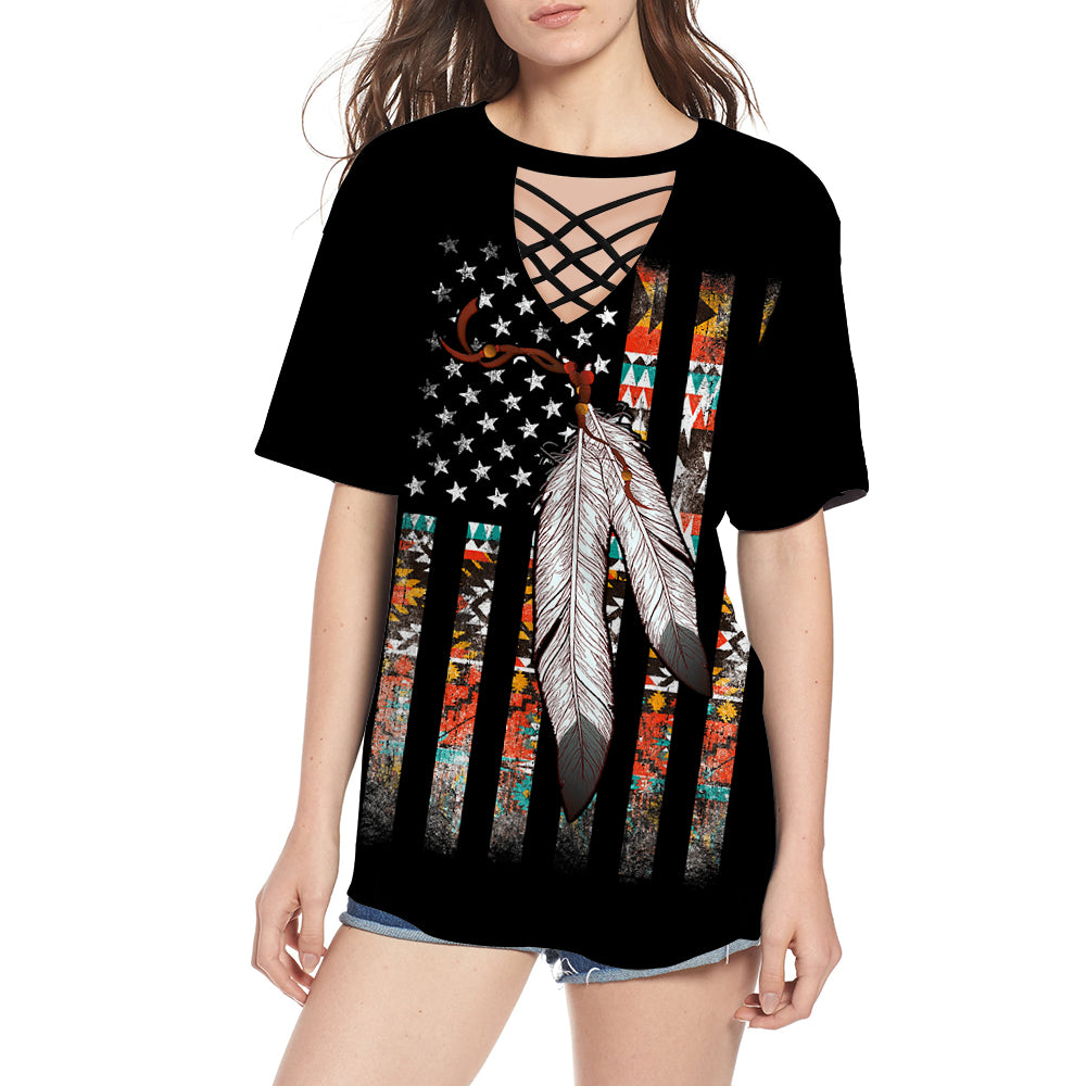 Flag Feather Round Neck Hollow Out Tshirt