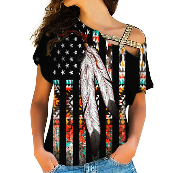 Native American Flag Feather Cross Shoulder Shirt - Image 2