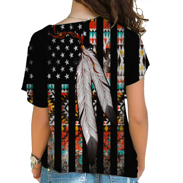 Native American Flag Feather Cross Shoulder Shirt - Image 3