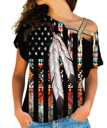 Native American Flag Feather Cross Shoulder Shirt