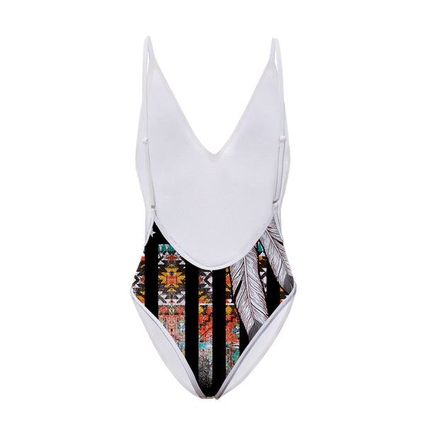 Native American Flag Feather One Piece High Cut Swimsuit - Image 3