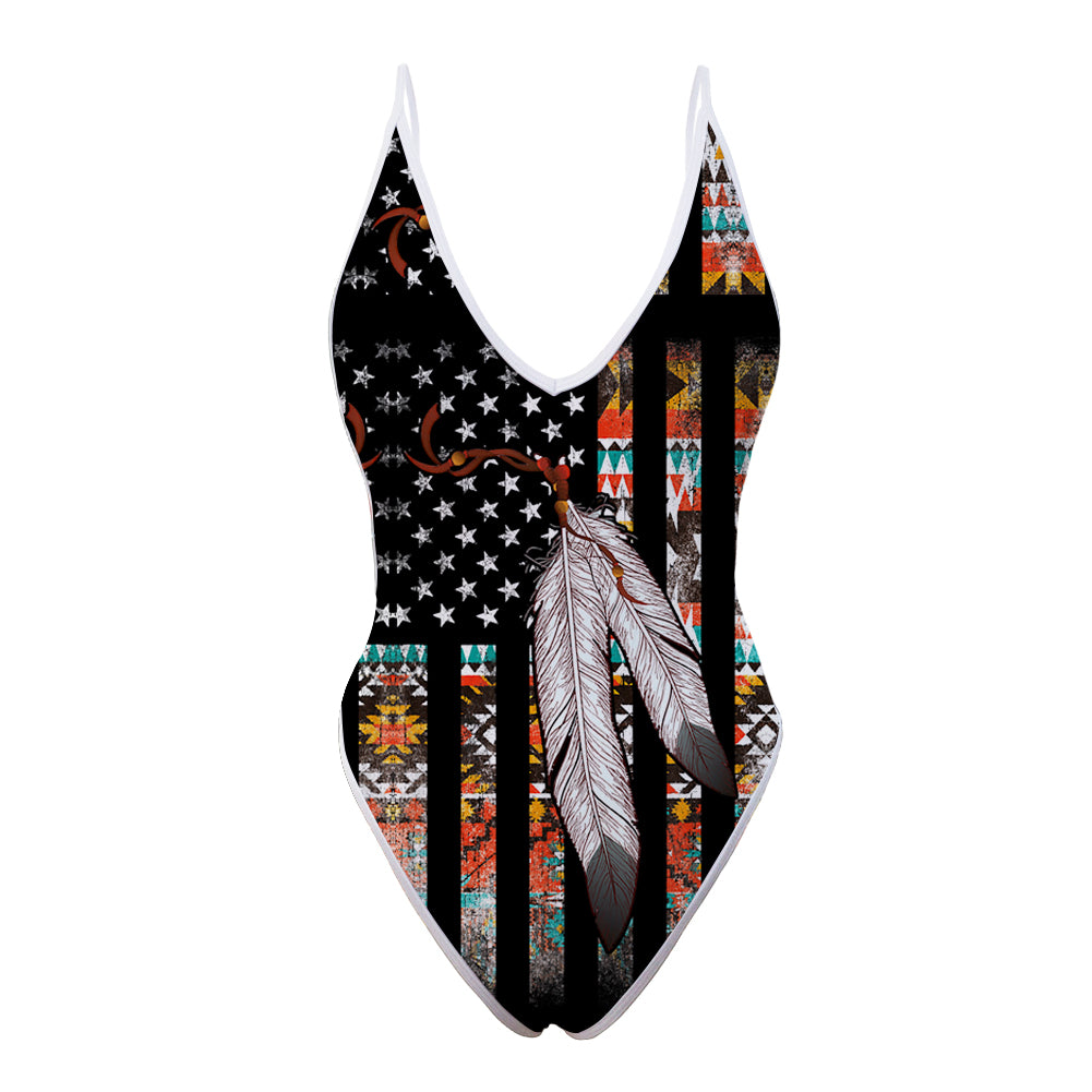 Native American Flag Feather One Piece High Cut Swimsuit