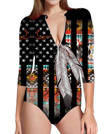 Native American Flag Feather Women's Long Sleeve One Piece Swimsuit
