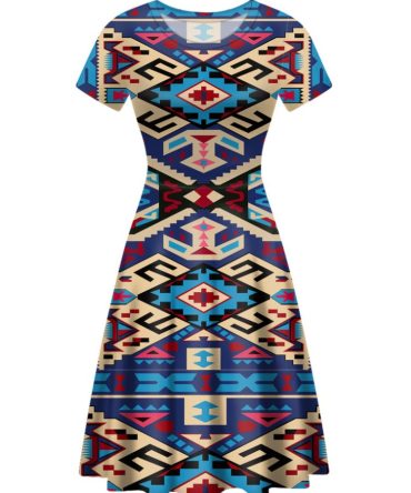 Pink Blue Native Tribes Round Neck Dress
