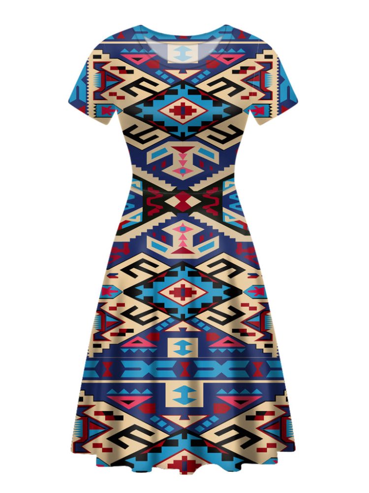 Pink Blue Native Tribes Round Neck Dress