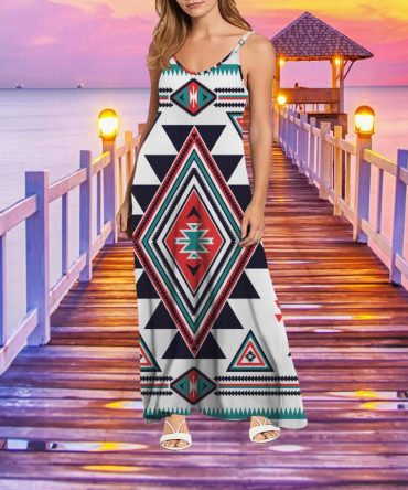 White Geometric Native American Maxi Dress