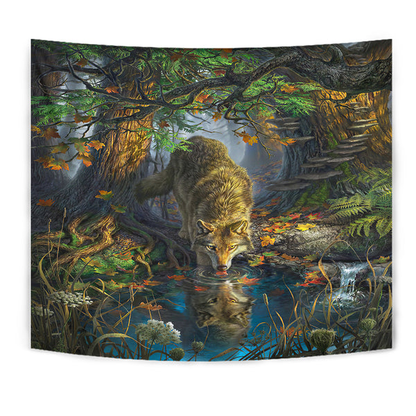 Wolf By The River Native Tapestry - Image 2