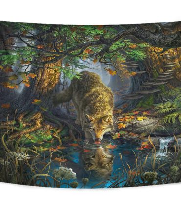 Wolf By The River Native Tapestry