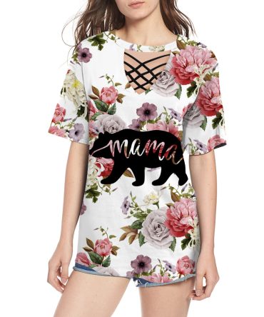 Mama Bear Flower Rose Round Neck Hollow Out Tshirt