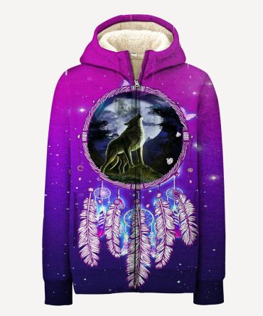 Violet Dreamcatcher Wolf Native American 3D Fleece Hoodie