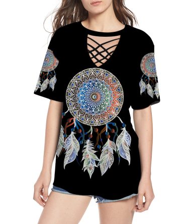 Mandala Dream Catcher Round Neck Hollow Out Tshirt