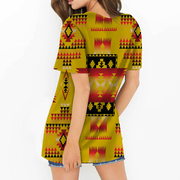 Yellow Tribes Pattern Native American Round Neck Hollow Out Tshirt - Image 3