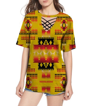 Yellow Tribes Pattern Native American Round Neck Hollow Out Tshirt