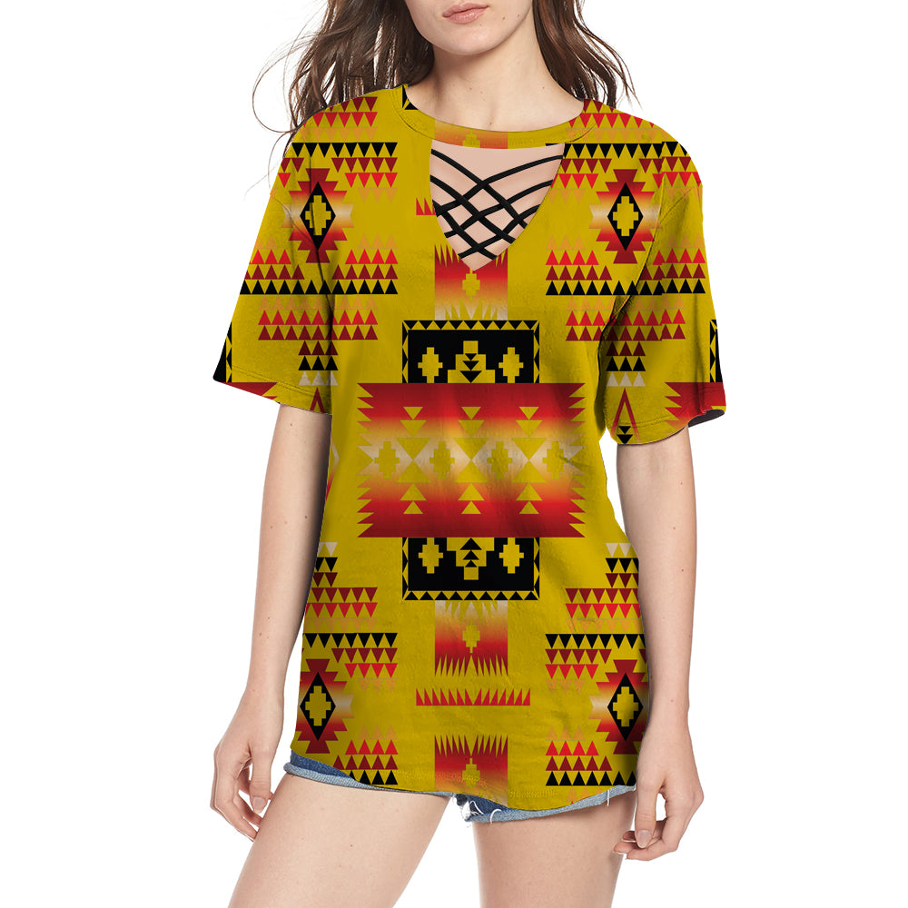Yellow Tribes Pattern Native American Round Neck Hollow Out Tshirt