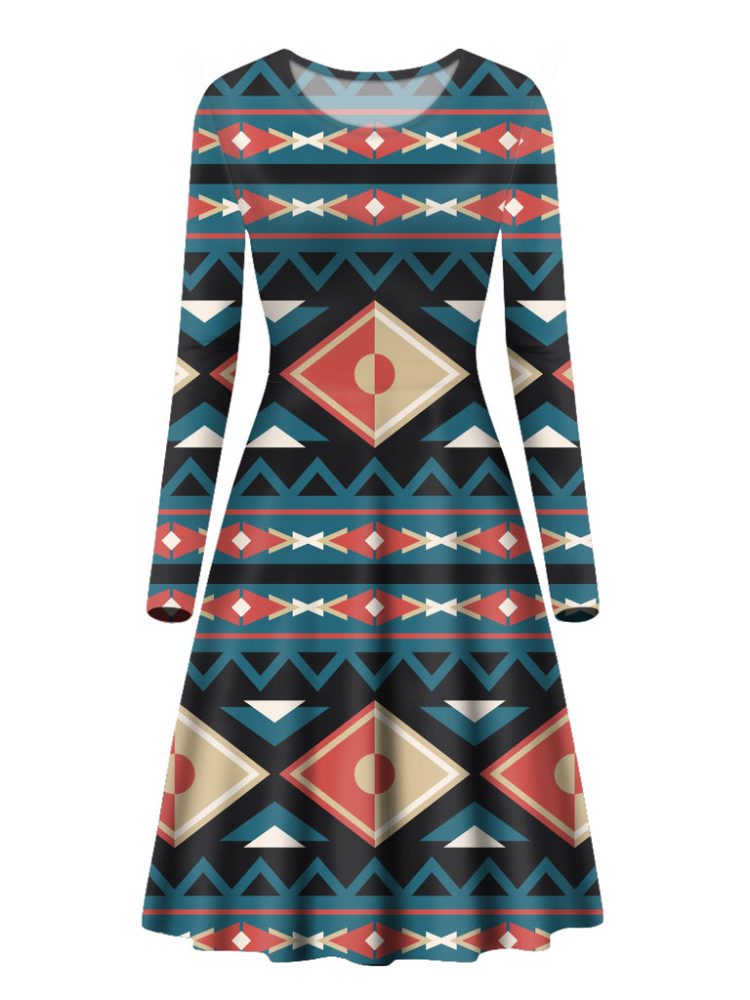 Diamond Pattern Native Long Sleeve Dress