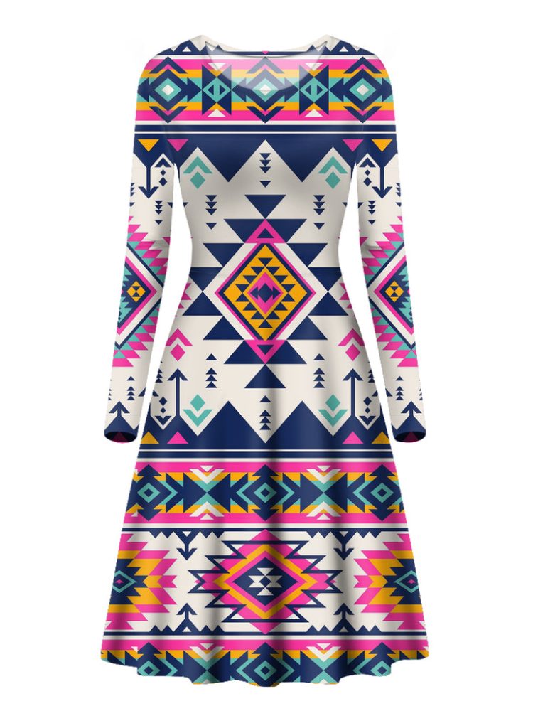Pink Pattern Native Long Sleeve Dress