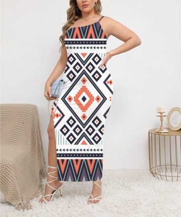 Purple Tribals Design Oblique-Shoulder Exposure Dress With Side Split