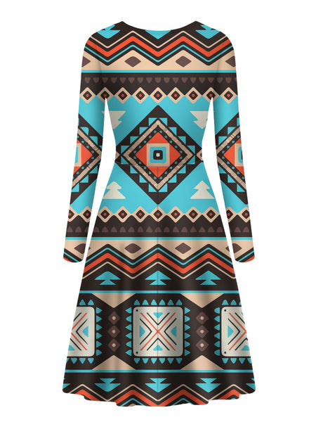 Line Shapes Ethnic Pattern Long Sleeve Dress - Image 3