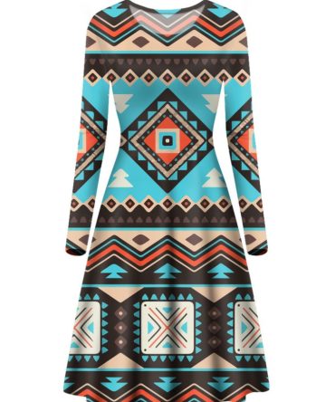 Line Shapes Ethnic Pattern Long Sleeve Dress