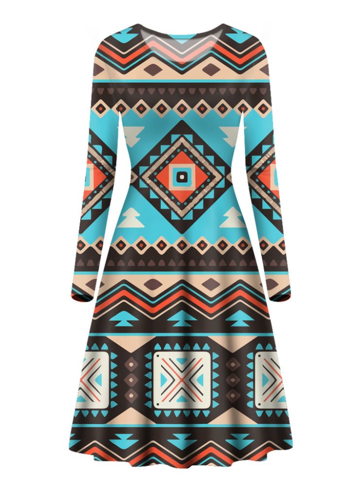 Line Shapes Ethnic Pattern Long Sleeve Dress
