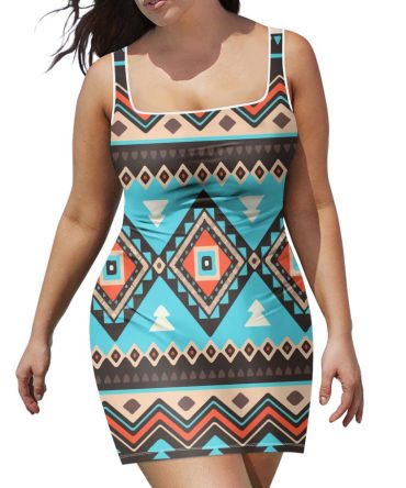 Tribal Line Shapes Ethnic Pattern Neckline Dress