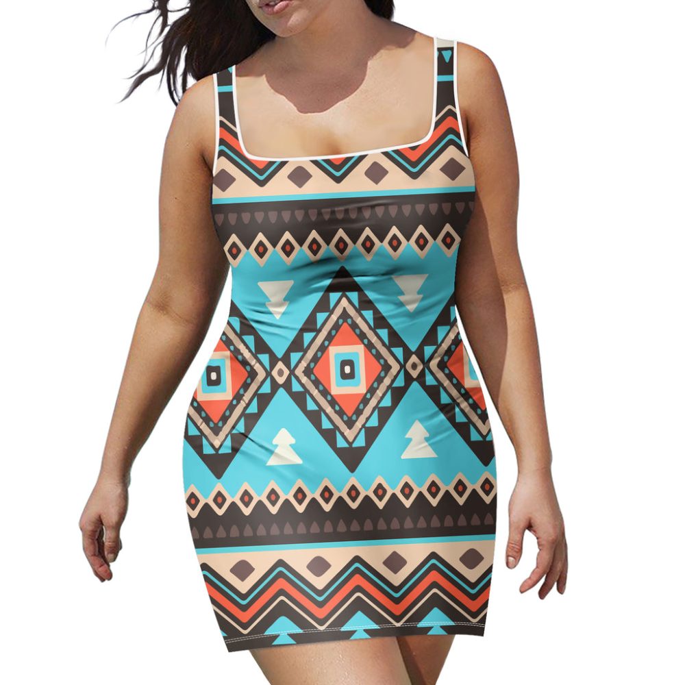 Tribal Line Shapes Ethnic Pattern Neckline Dress