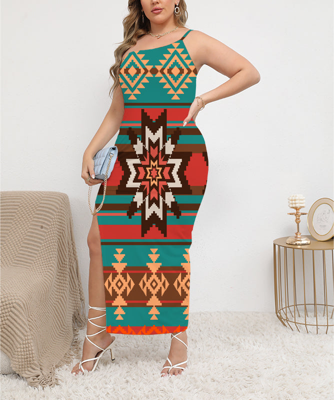 Ethnic Ornament Seamless Oblique-Shoulder Exposure Dress With Side Split