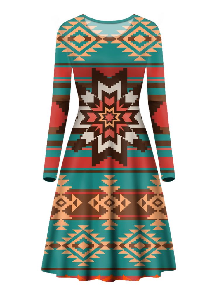 Ethnic Ornament Seamless Pattern Long Sleeve Dress