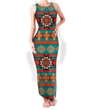 Pattern Native Round Neck Double Slit Sundress