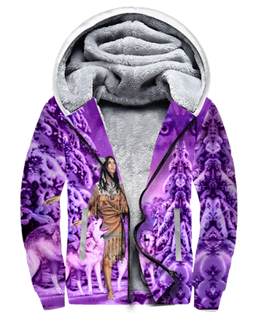 Native Girl And Wolf Purple 3D Fleece Hoodie