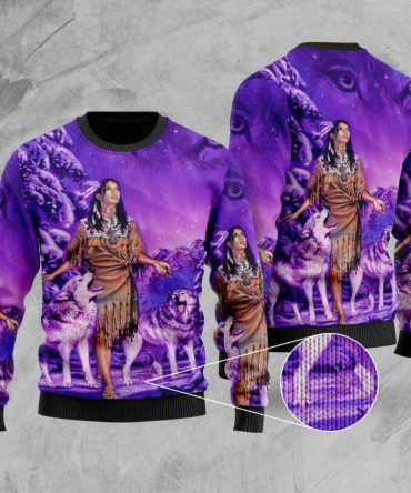 Native Girl And Wolf Purple Sweater