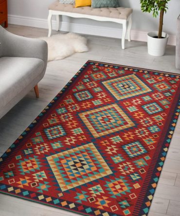 Geometric Red & Green Pattern Area Rug