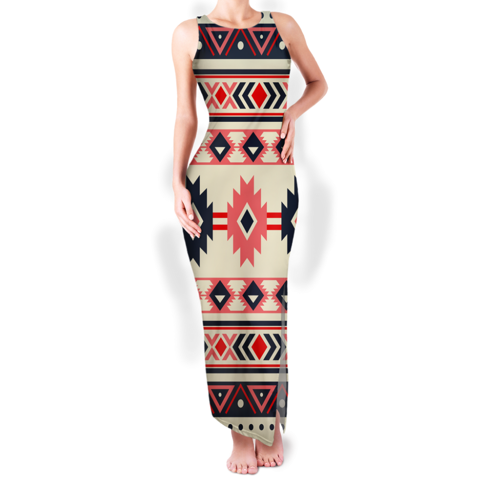Pattern Native Round Neck Double Slit Sundress