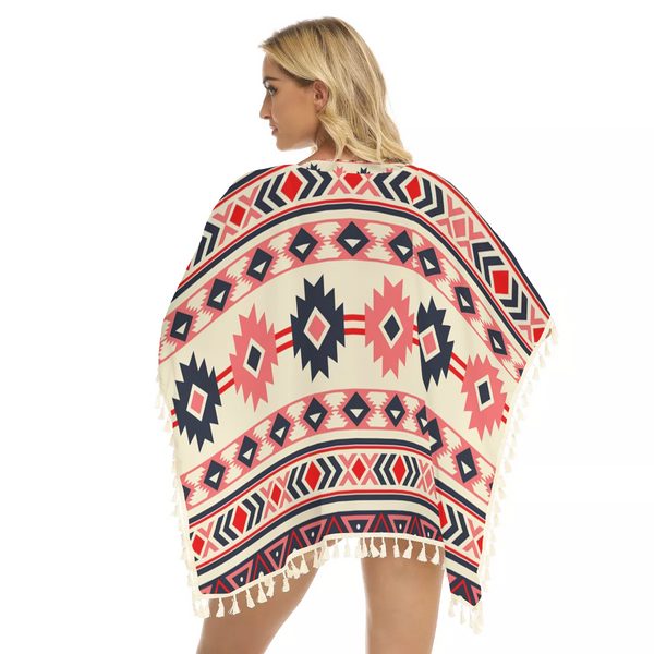 Pink & Navy Pattern Native Square Fringed Shawl - Image 3