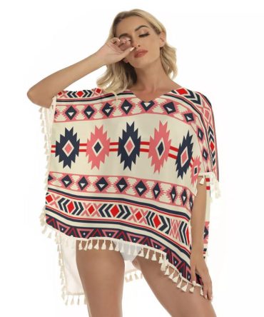 Pink & Navy Pattern Native Square Fringed Shawl