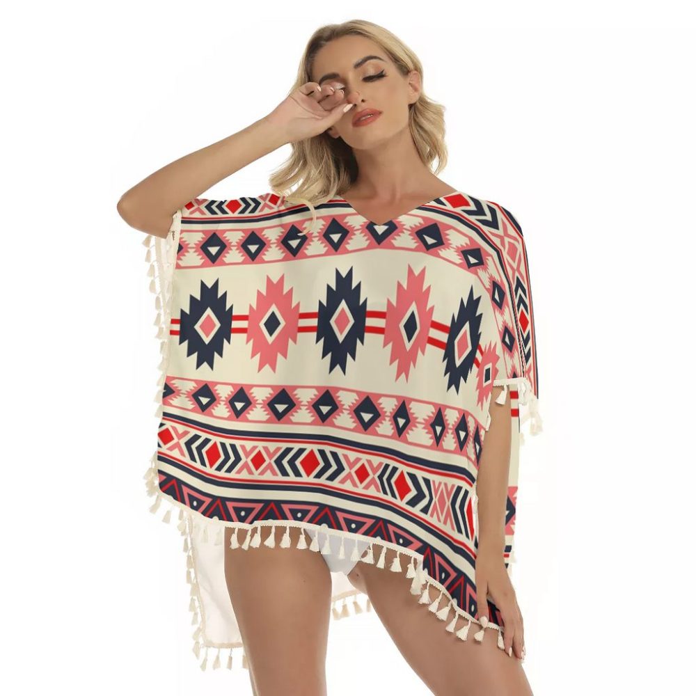 Pink & Navy Pattern Native Square Fringed Shawl