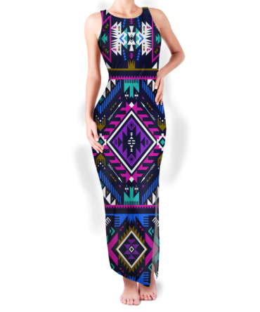 Pattern Native Round Neck Double Slit Sundress