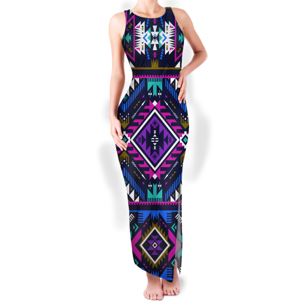 Pattern Native Round Neck Double Slit Sundress