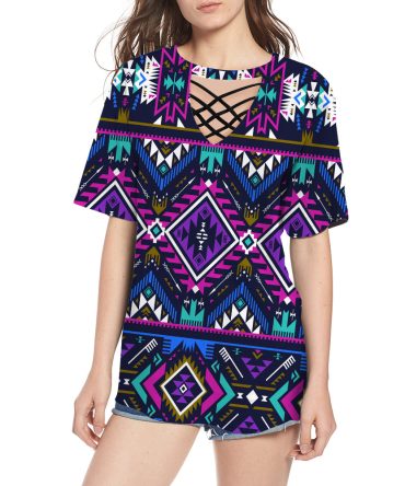 Purple Pattern Round Neck Hollow Out Tshirt