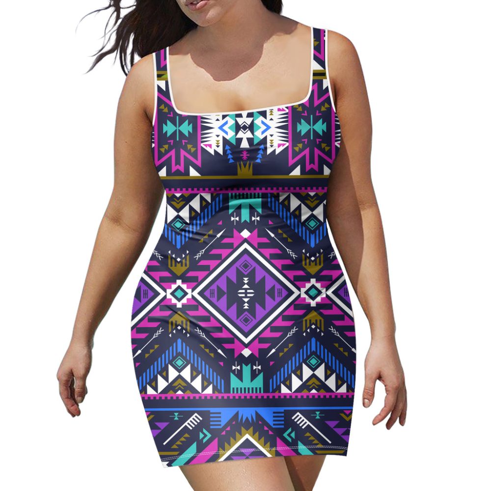 Purple Tribe Pattern Neckline Dress