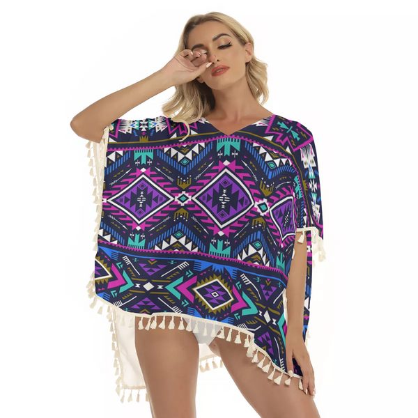 Purple Tribe Pattern Square Fringed Shawl - Image 2