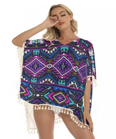 Purple Tribe Pattern Square Fringed Shawl
