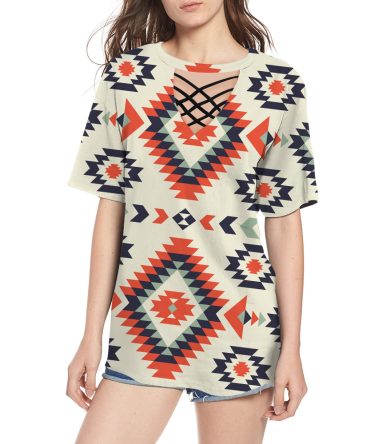 Pink Geometric Pattern Round Neck Hollow Out Tshirt