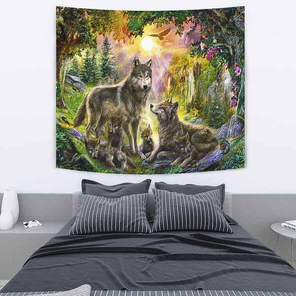 Wolf Happiness Family In The Spring Forest Tapestry - Image 4