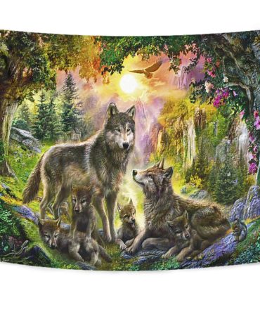 Wolf Happiness Family In The Spring Forest Tapestry